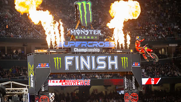 Jett Lawrence celebrates his historic win in Saturday's Supercross season opener. Photo courtesy Align Media.